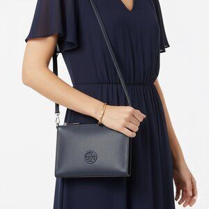 Tory Burch Black Pebbled Leather Crossbody Bag with Gold Accents